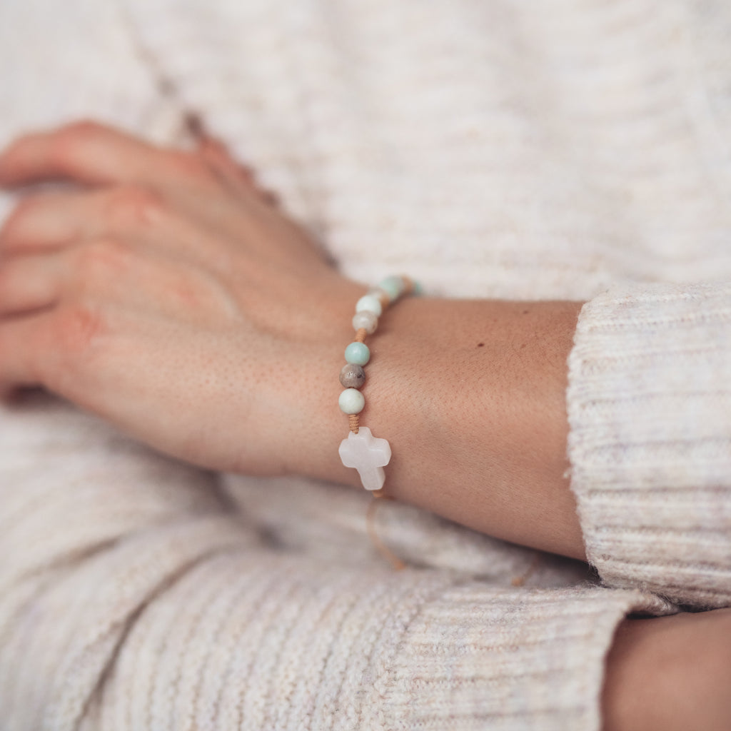 Różaniec na rękę z kamieni naturalnych, różaniec z amazonitu, dziesiątka różańca