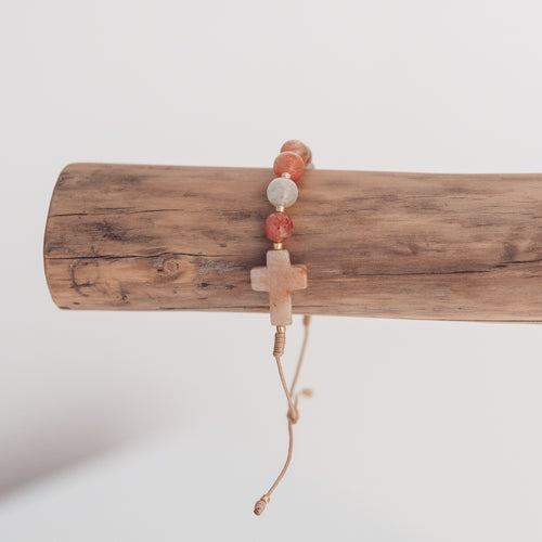 Różaniec na rękę z kamieni naturalnych, dziesiątka różańca, różaniec z kamienia słonecznego na sznurku