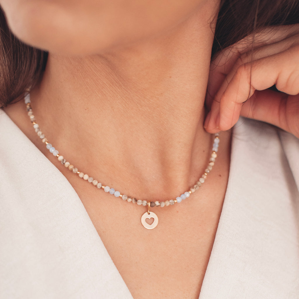 Naszyjnik z kamieni naturalnych z zawieszką. Choker z kamieni naturalnych, naszyjnik z akwamarynu i skalenia