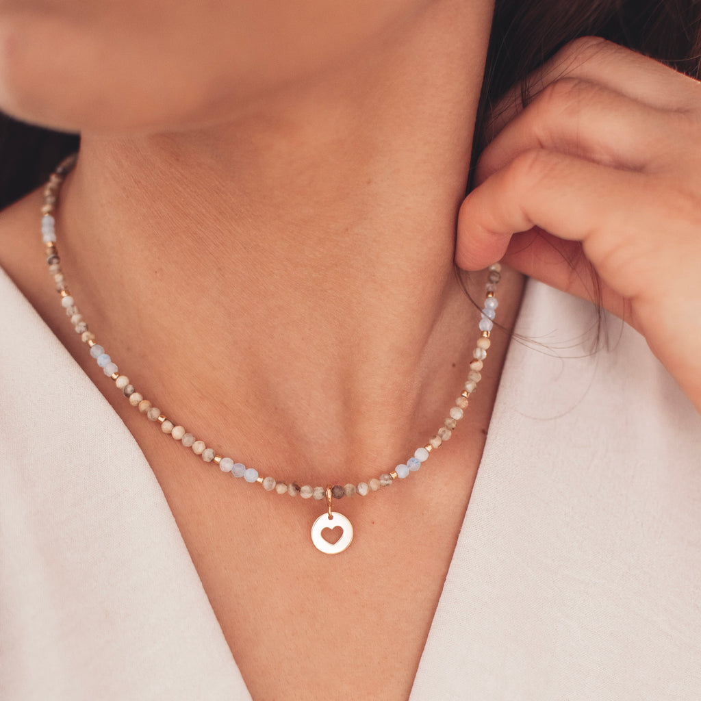 Naszyjnik z kamieni naturalnych z zawieszką. Choker z kamieni naturalnych, naszyjnik z akwamarynu i skalenia